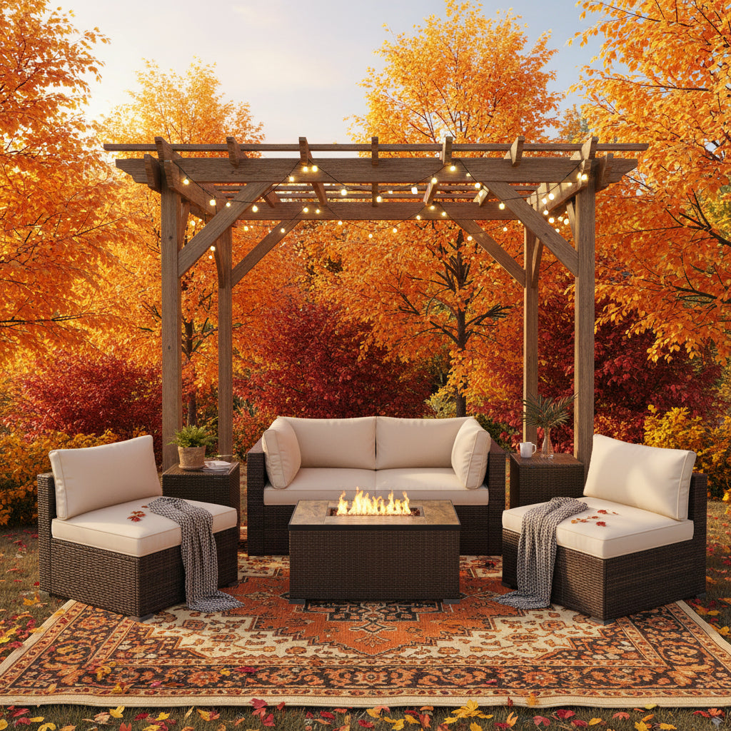 7 Pieces Outdoor Furniture Set with 32 Inch Fire Pit Table and Propane Tank Cover