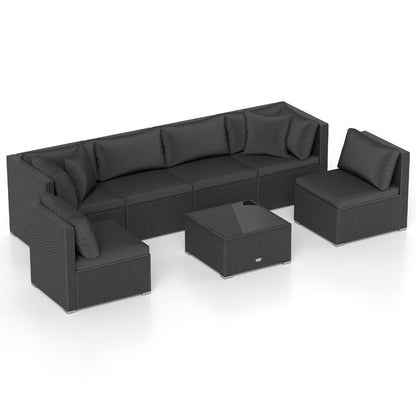 7 Pieces Sectional Wicker Furniture Sofa Set with Tempered Glass Top-Red