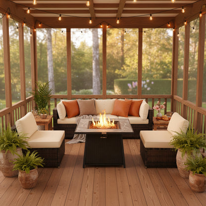 7 Pieces Patio Furniture Set with 35 Inches 50000 BTU Propane Gas Fire Pit Table and Waterproof Cover for Firpit