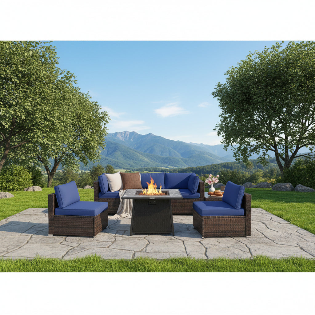 7 Pieces Patio Furniture Set with 35 Inches 50000 BTU Propane Gas Fire Pit Table and Waterproof Cover for Firpit