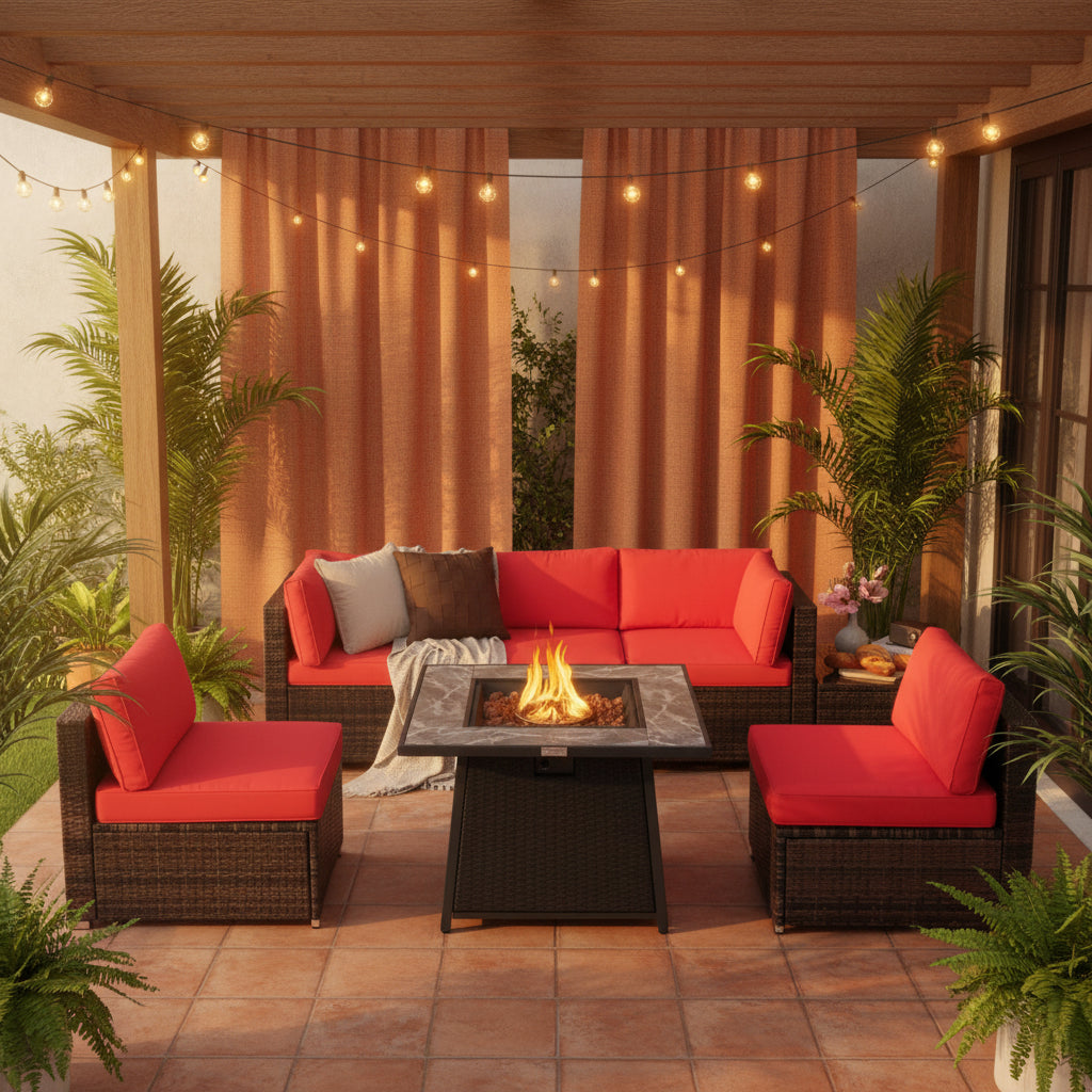 7 Pieces Patio Furniture Set with 35 Inches 50000 BTU Propane Gas Fire Pit Table and Waterproof Cover for Firpit