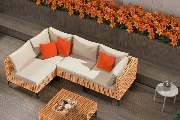 5 Piece Outdoor Patio Furniture Set Modular Outdoor Furniture Set Wicker Outdoor Sectional Sofa with Cushions and Table Patio Set for Balcony Porch Deck Yard ( (Salmon&Orange Wicker, Sand Cushion))