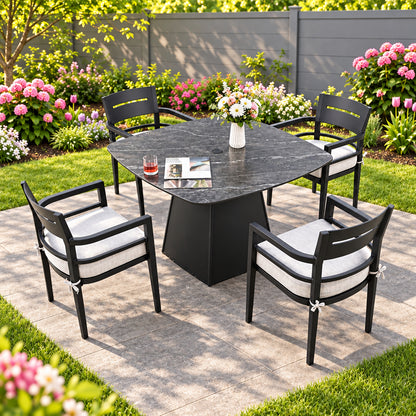 Outdoor Patio Dining Set, Squircle Dining Table, Dining Chairs With Sunbrella Cushions