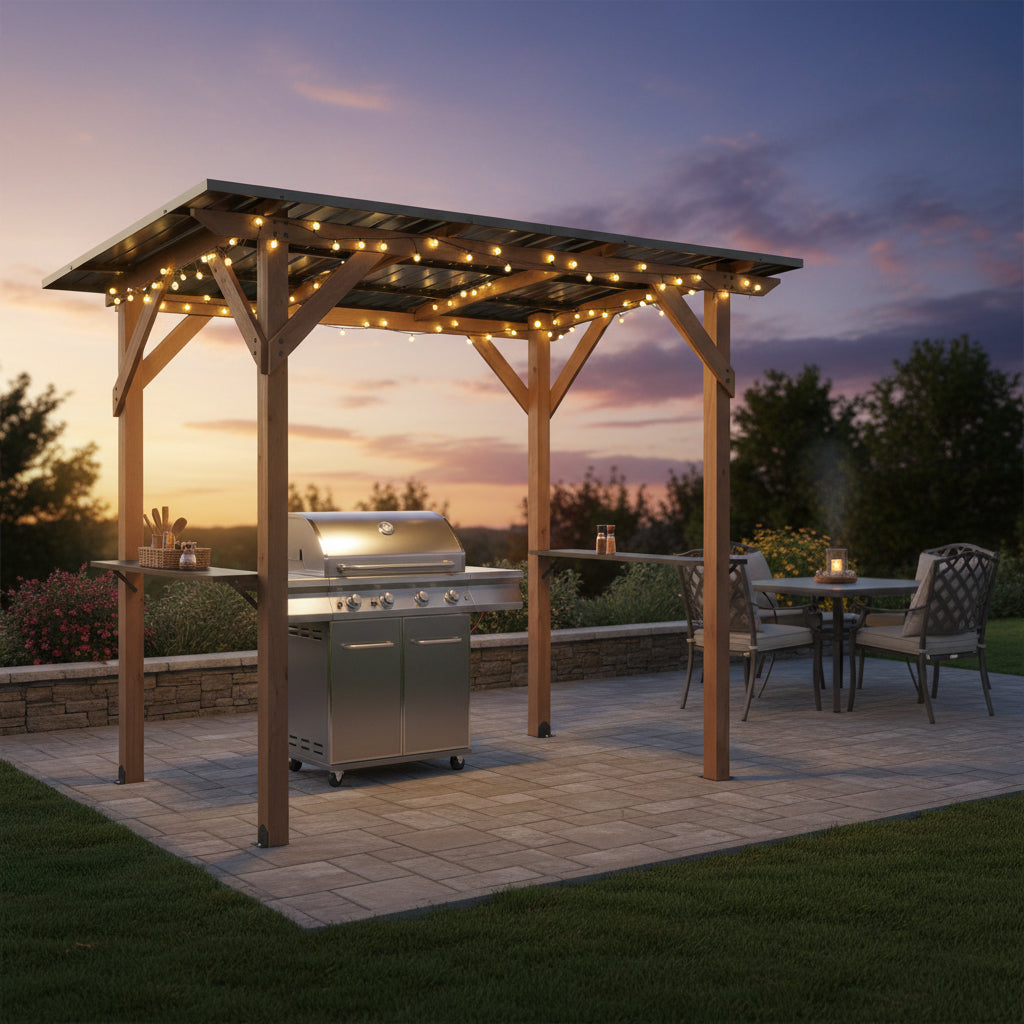 Grill Gazebo 8.6 x 5 FT Cedar Wood with Serving Shelves