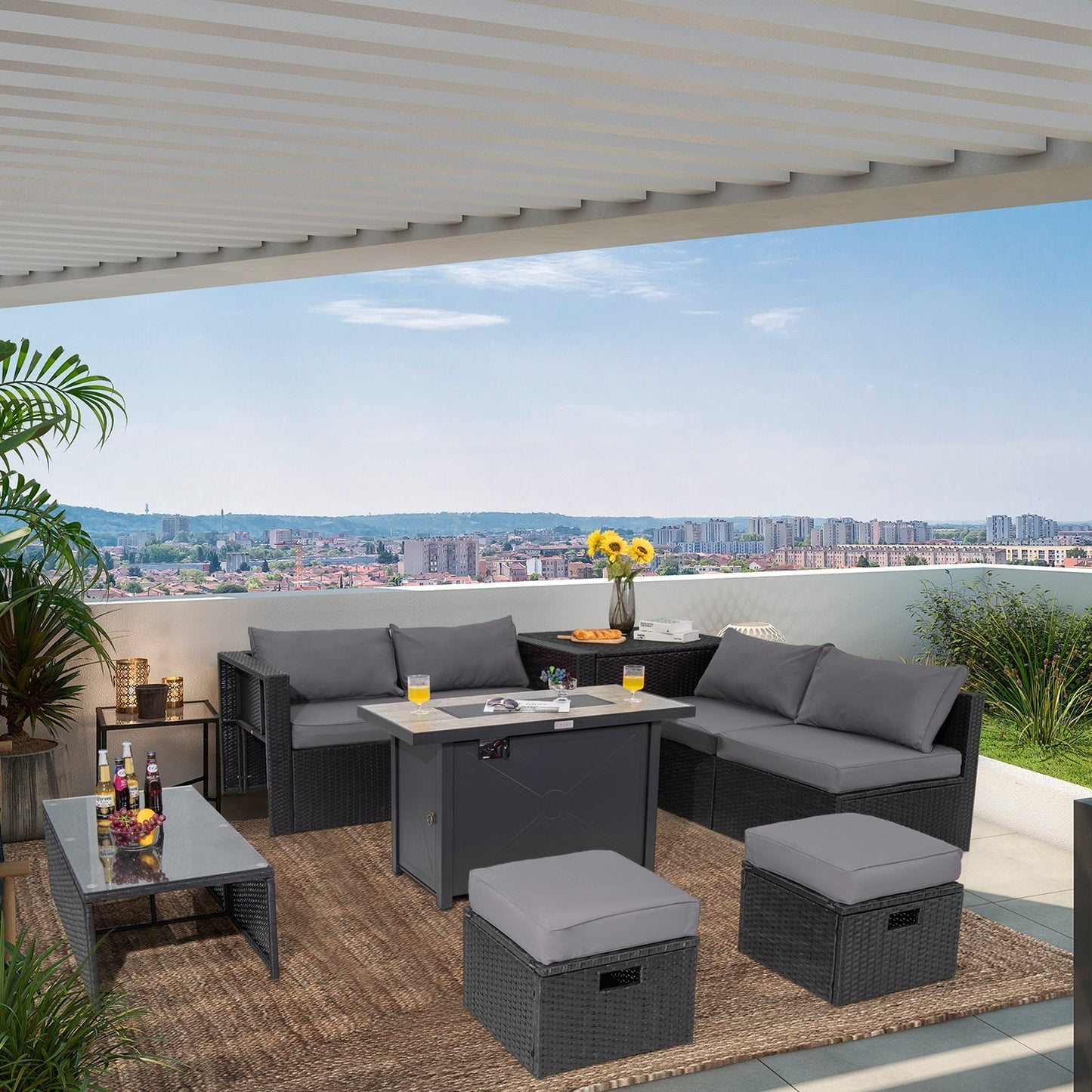 9 Pieces Outdoor PE Rattan Wicker Sectional Sofa with 42 Inch 60 000 BTU Gas Fire Pit Table