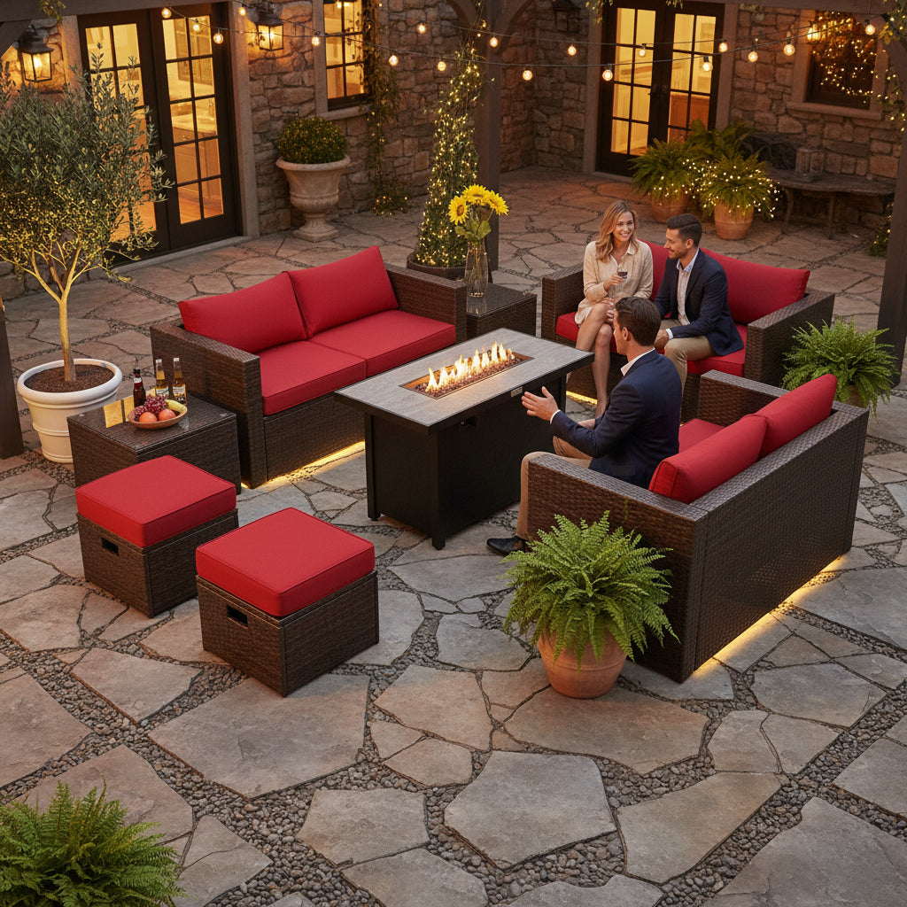 9 Pieces Outdoor Patio Furniture Set with 42 Inch Propane Fire Pit Table
