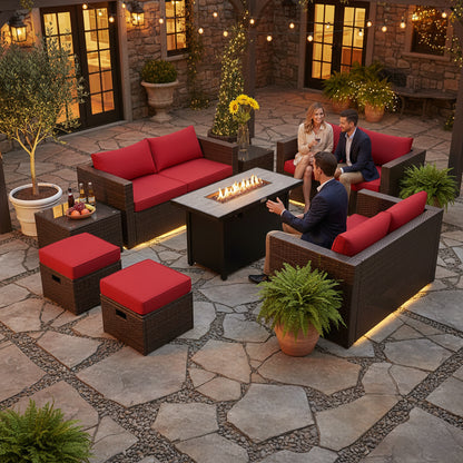 9 Pieces Outdoor Patio Furniture Set with 42 Inch Propane Fire Pit Table
