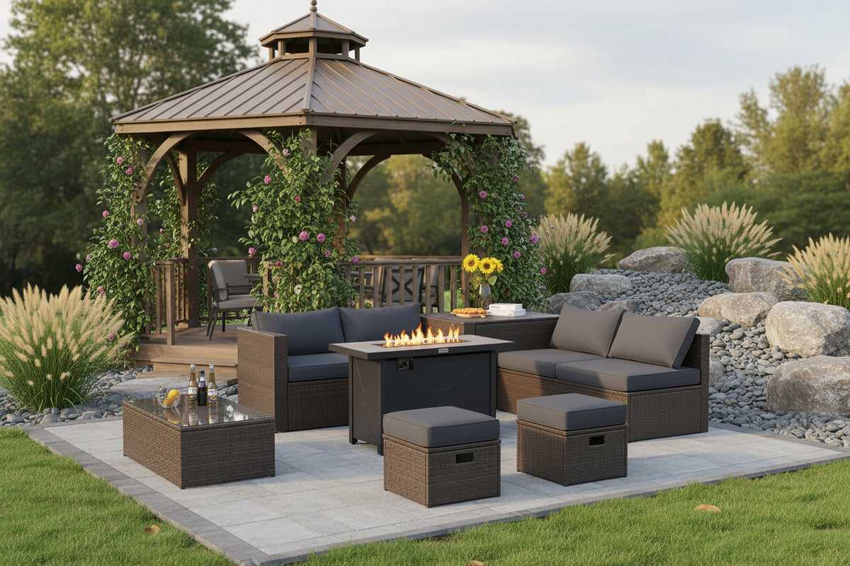 9 Pieces Outdoor Patio Furniture Set with 42 Inch Propane Fire Pit Table