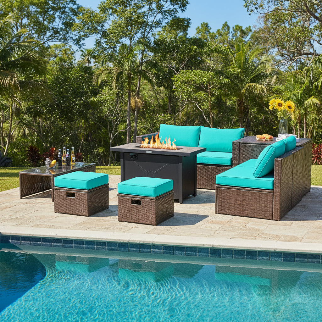 9 Pieces Outdoor Patio Furniture Set with 42 Inch Propane Fire Pit Table