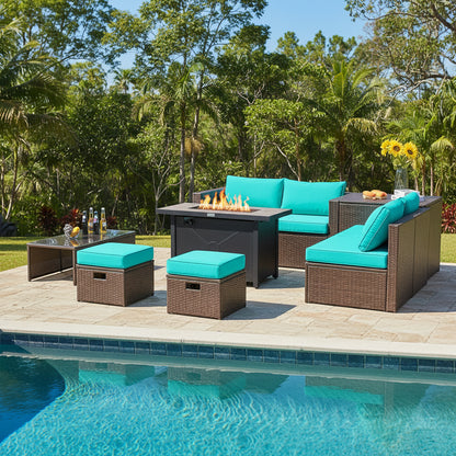 9 Pieces Outdoor Patio Furniture Set with 42 Inch Propane Fire Pit Table