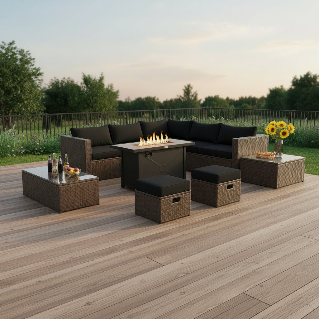 9 Pieces Outdoor Patio Furniture Set with 42 Inch Propane Fire Pit Table