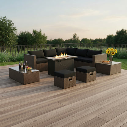 9 Pieces Outdoor Patio Furniture Set with 42 Inch Propane Fire Pit Table