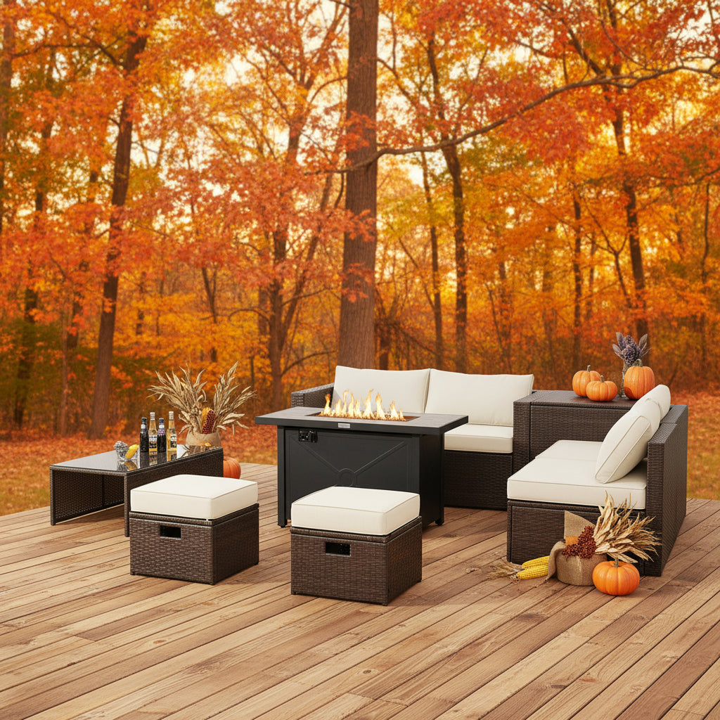 9 Pieces Outdoor Patio Furniture Set with 42 Inch Propane Fire Pit Table