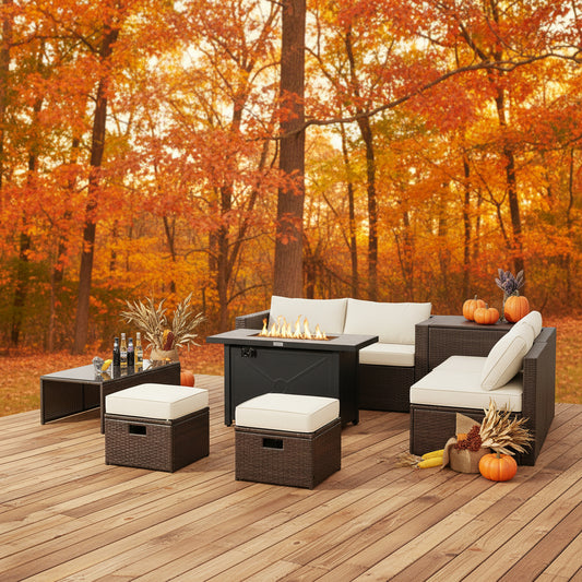 9 Pieces Outdoor Patio Furniture Set with 42 Inch Propane Fire Pit Table