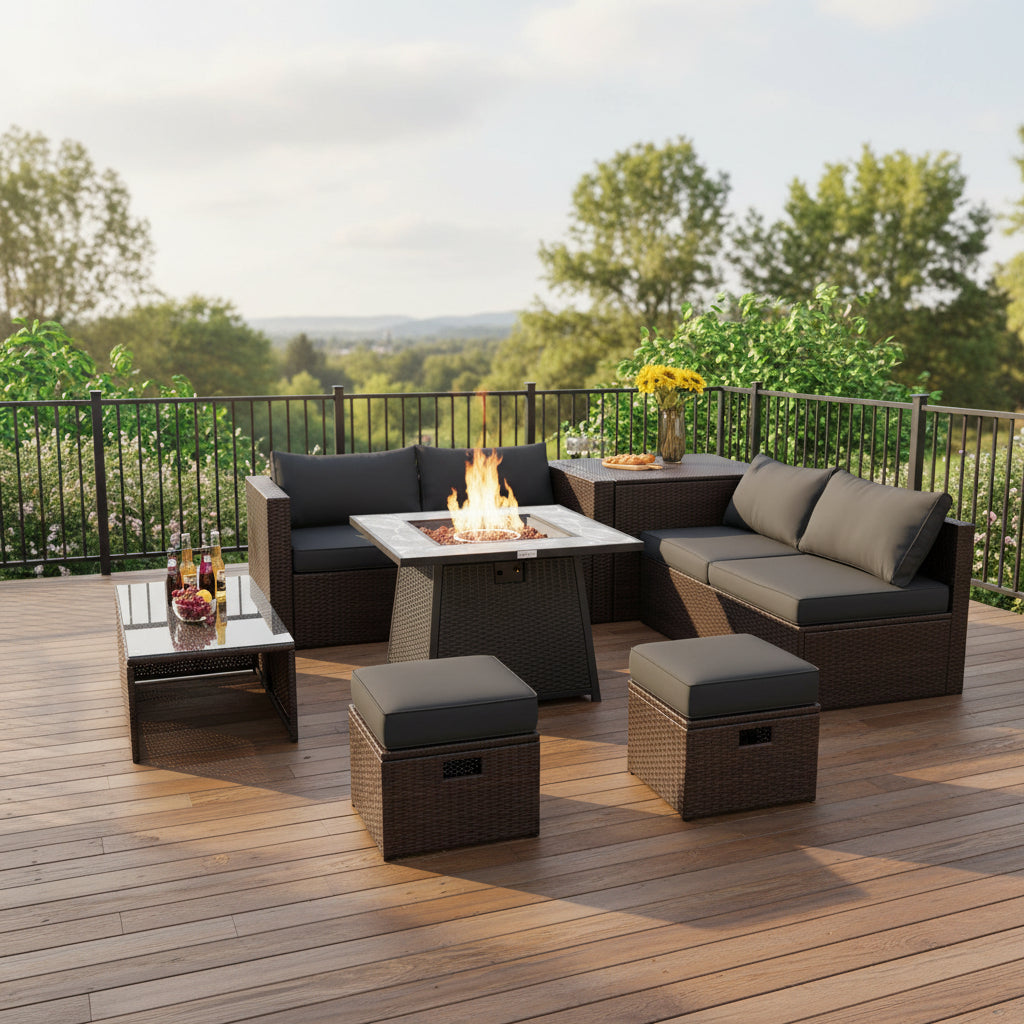 9 Pieces Patio PE Wicker Sectional Set with 50000 BTU Fire Pit Table