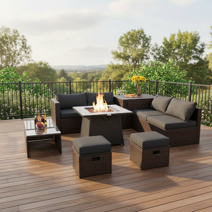 9 Pieces Patio PE Wicker Sectional Set with 50000 BTU Fire Pit Table