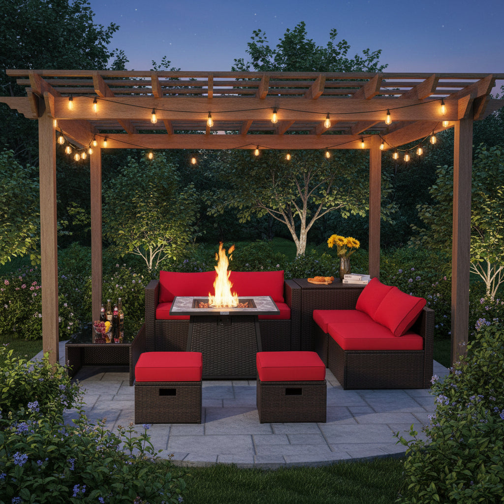 9 Pieces Patio PE Wicker Sectional Set with 50000 BTU Fire Pit Table