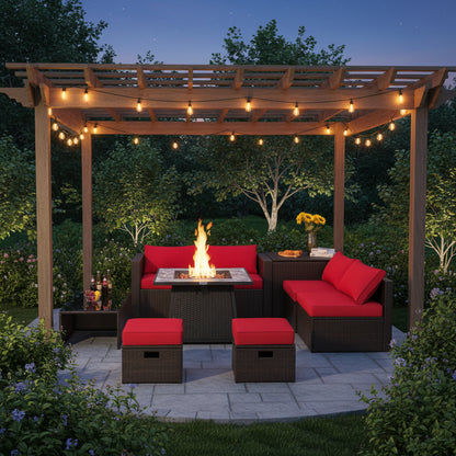 9 Pieces Patio PE Wicker Sectional Set with 50000 BTU Fire Pit Table