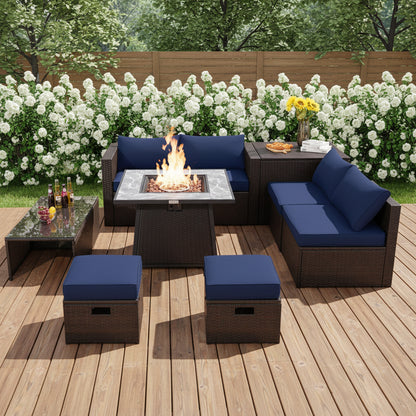 9 Pieces Patio PE Wicker Sectional Set with 50000 BTU Fire Pit Table