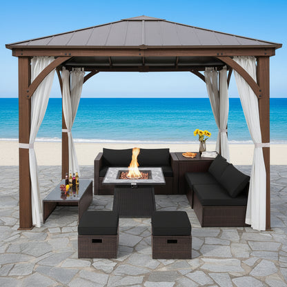 9 Pieces Patio PE Wicker Sectional Set with 50000 BTU Fire Pit Table