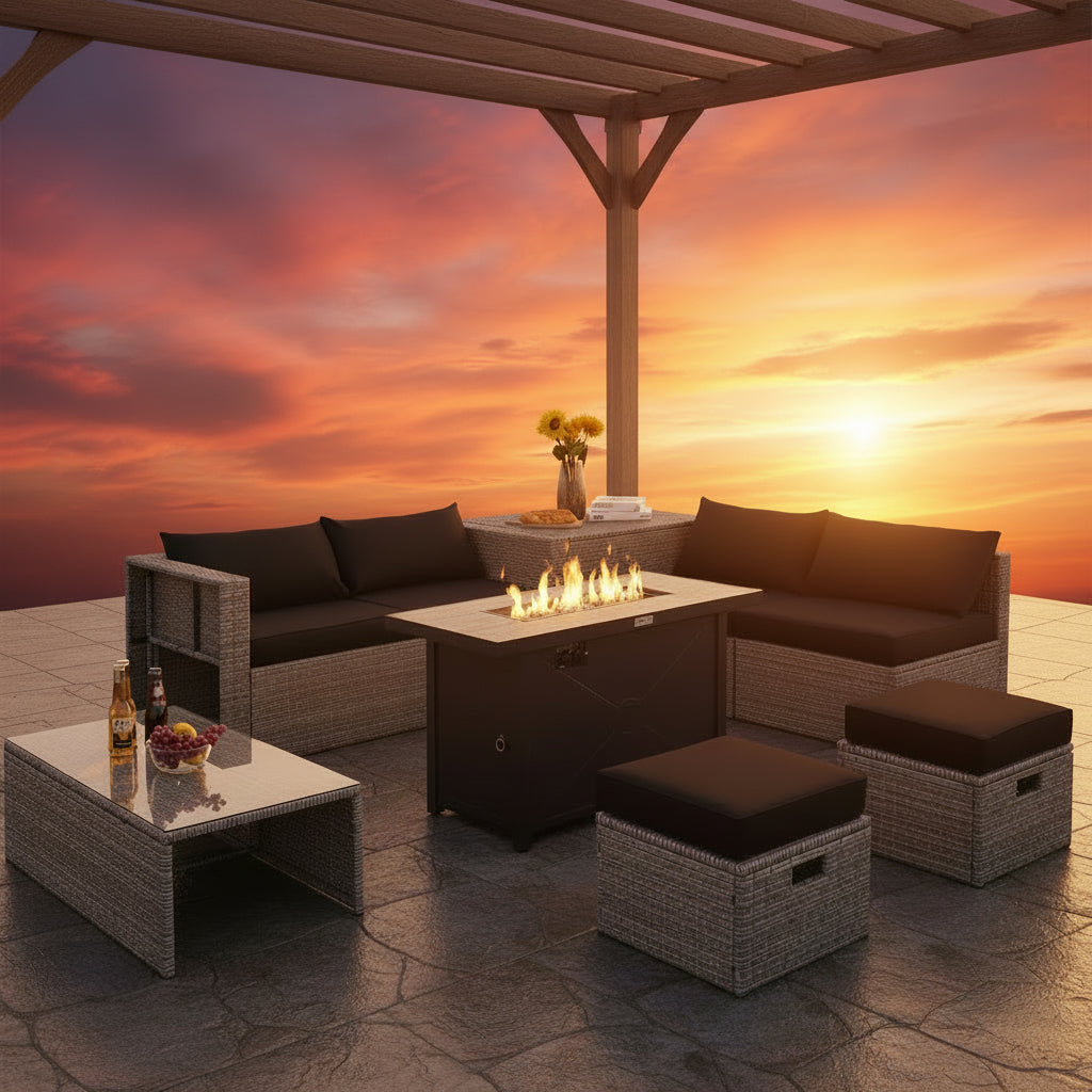 9 Pieces Patio Furniture Set with 42 Inches 60000 BTU Fire Pit