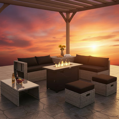 9 Pieces Patio Furniture Set with 42 Inches 60000 BTU Fire Pit