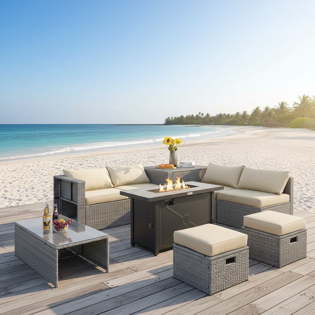 9 Pieces Patio Furniture Set with 42 Inches 60000 BTU Fire Pit