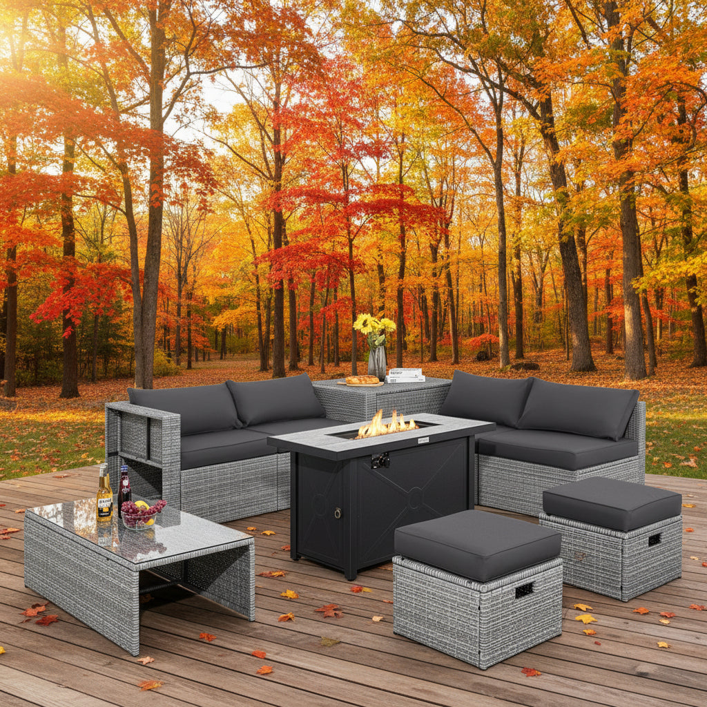 9 Pieces Patio Furniture Set with 42 Inches 60000 BTU Fire Pit