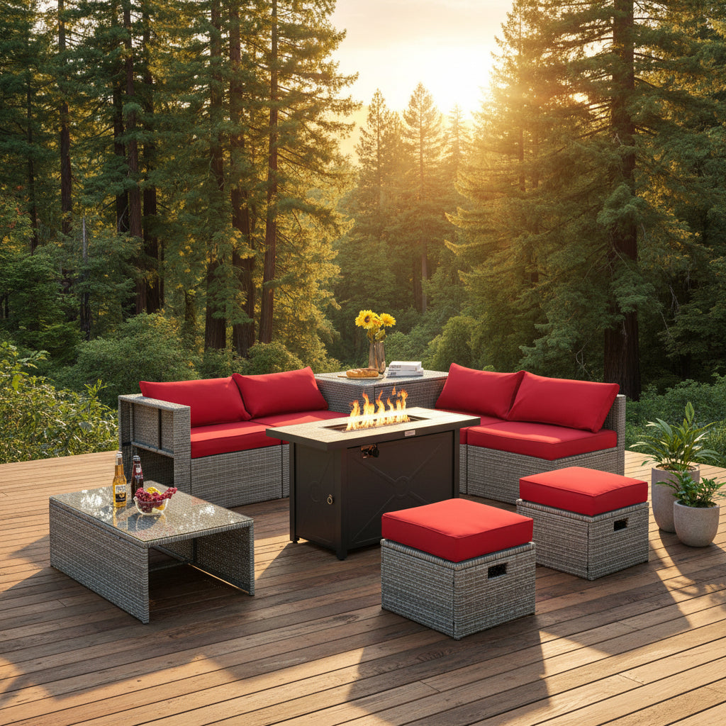 9 Pieces Patio Furniture Set with 42 Inches 60000 BTU Fire Pit