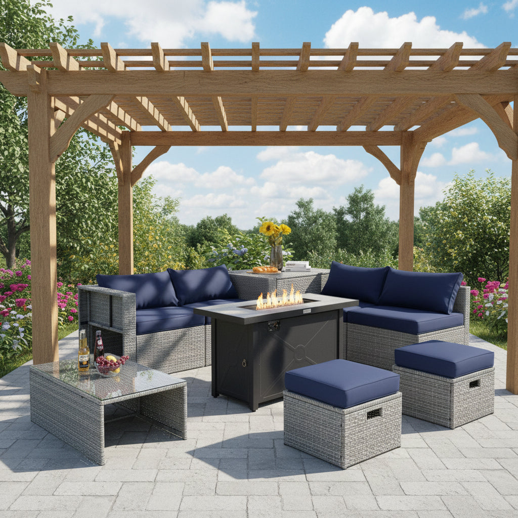 9 Pieces Patio Furniture Set with 42 Inches 60000 BTU Fire Pit