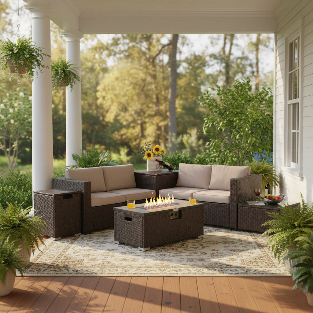 6 Pieces Outdoor Wicker Furniture Set with 32 Inch Propane Fire Pit Table