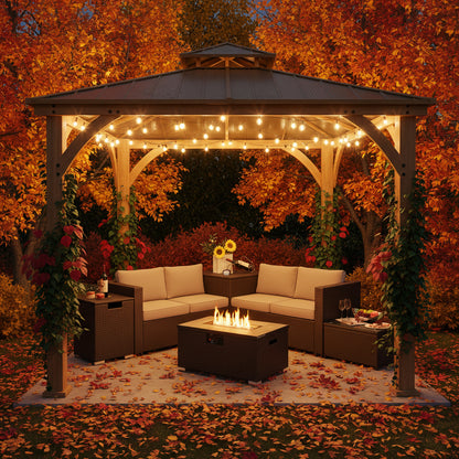 6 Pieces Outdoor Wicker Furniture Set with 32 Inch Propane Fire Pit Table