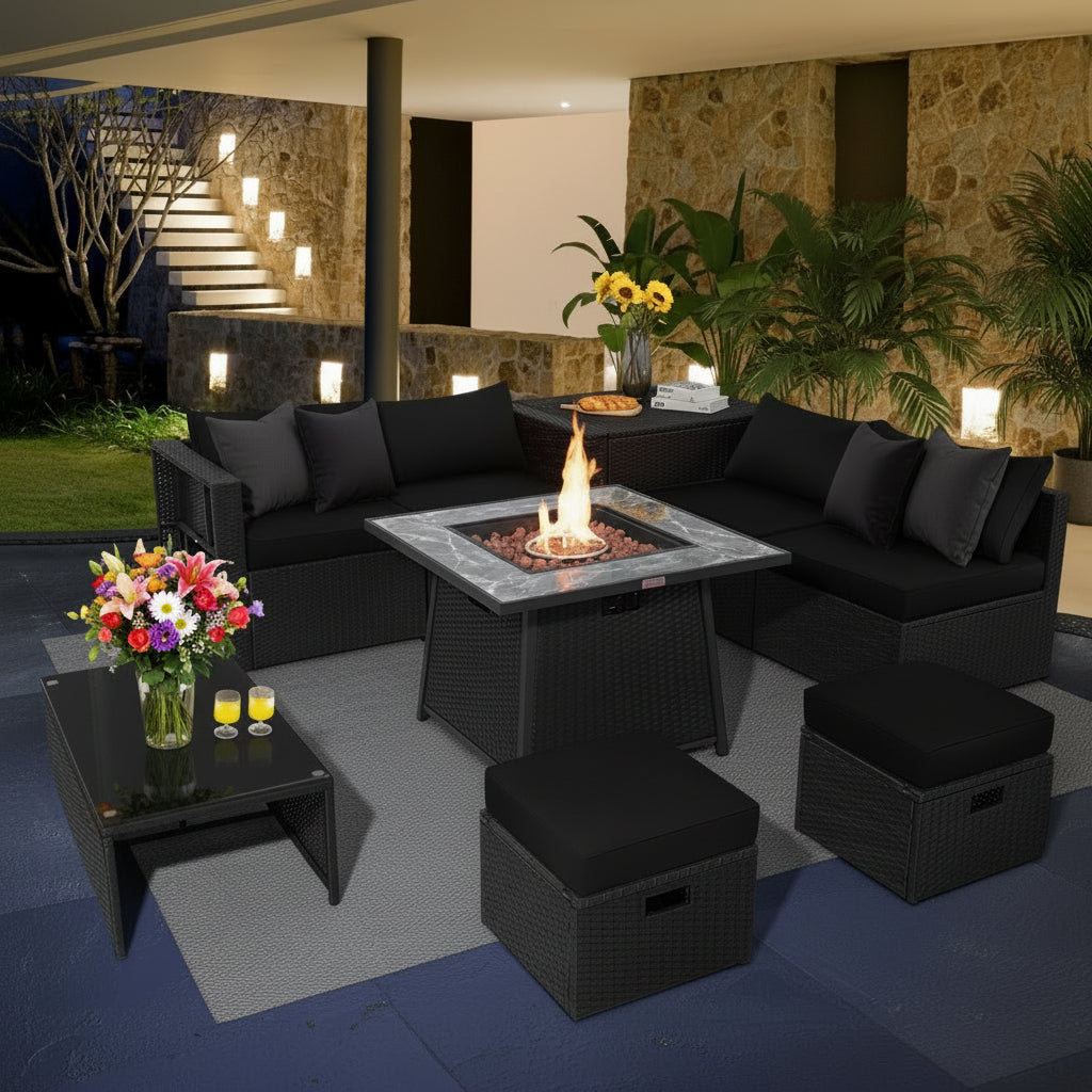 9 Pieces Outdoor Wicker Sectional with 35 Inch Gas Fire Pit Table