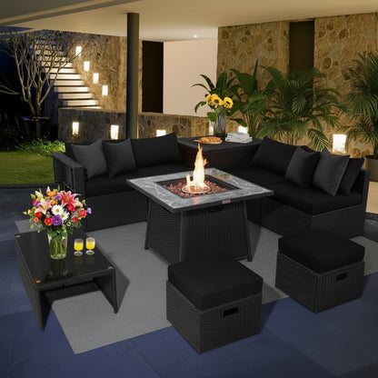 9 Pieces Outdoor Wicker Sectional with 35 Inch Gas Fire Pit Table