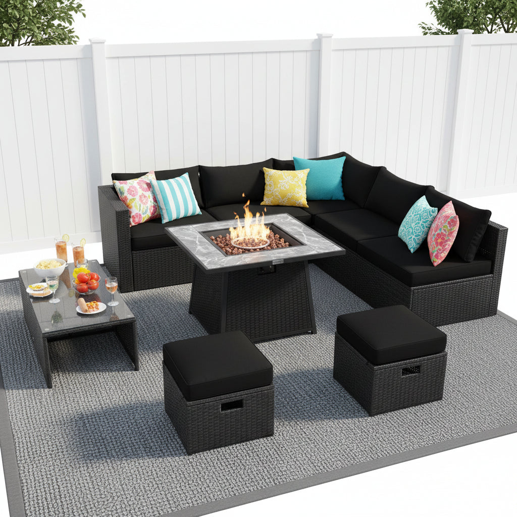9 Pieces Outdoor Wicker Sectional with 35 Inch Gas Fire Pit Table
