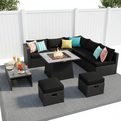 9 Pieces Outdoor Wicker Sectional with 35 Inch Gas Fire Pit Table