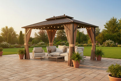 10x13ft Double-Roof Patio Hardtop Gazebo with Galvanized Steel Roof Netting and Curtains-Coffee