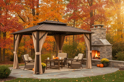 10x13ft Double-Roof Patio Hardtop Gazebo with Galvanized Steel Roof Netting and Curtains-Coffee