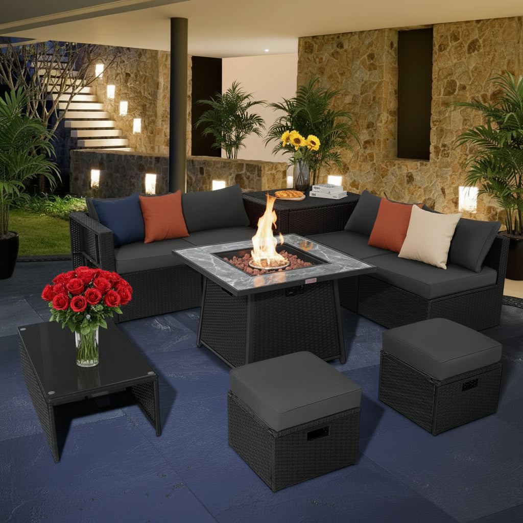 9 Pieces Outdoor Wicker Sectional with 35 Inch Gas Fire Pit Table