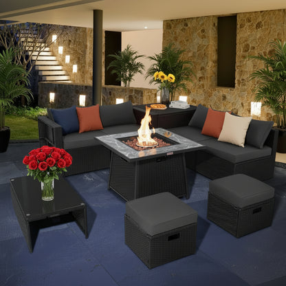 9 Pieces Outdoor Wicker Sectional with 35 Inch Gas Fire Pit Table