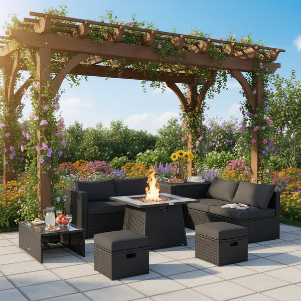 9 Pieces Outdoor Wicker Sectional with 35 Inch Gas Fire Pit Table