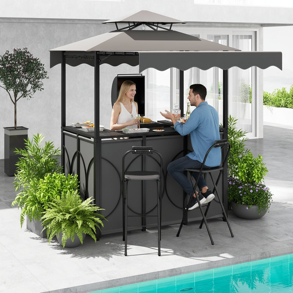 Grill Gazebo with Awning 3-Piece Outdoor BBQ Canopy Double-Tier Soft Top Barbecue Shelter