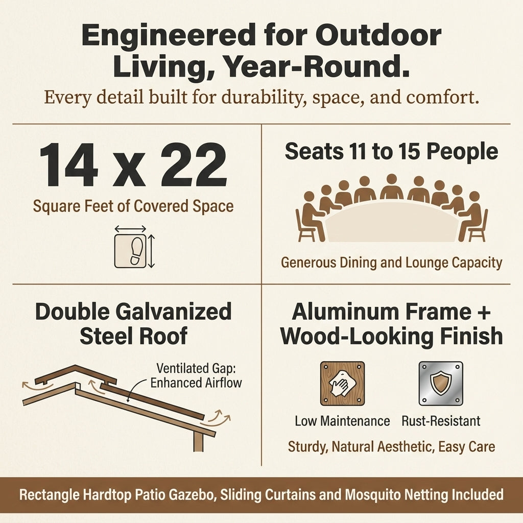 Hardtop Gazebo Built to Expand Outdoor Living, 14x22 Ft, Double Galvanized Steel Roof, Aluminum Frame
