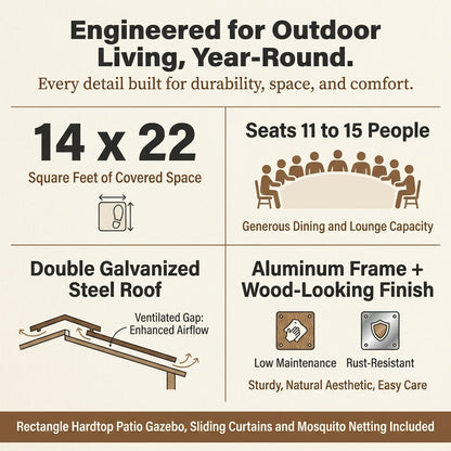 Hardtop Gazebo Built to Expand Outdoor Living, 14x22 Ft, Double Galvanized Steel Roof, Aluminum Frame