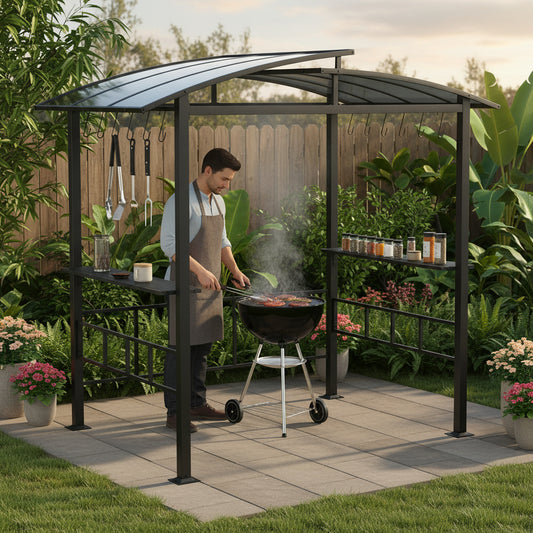 Hardtop Grill Gazebo with Vented Polycarbonate Roof Side Shelves-Black