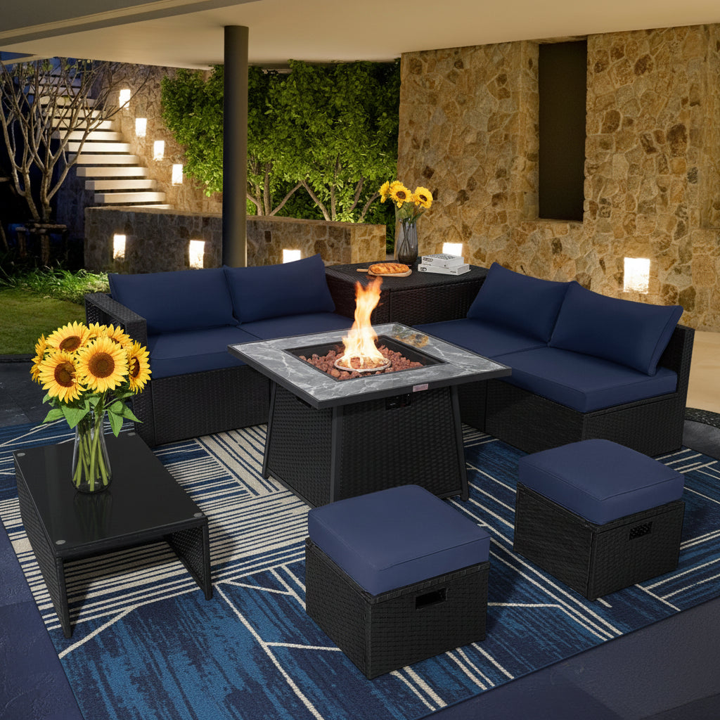 9 Pieces Outdoor Wicker Sectional with 35 Inch Gas Fire Pit Table