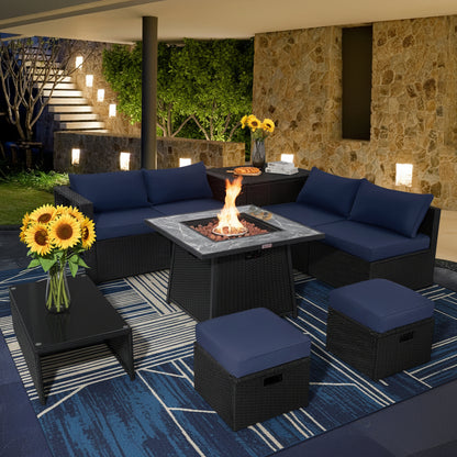 9 Pieces Outdoor Wicker Sectional with 35 Inch Gas Fire Pit Table