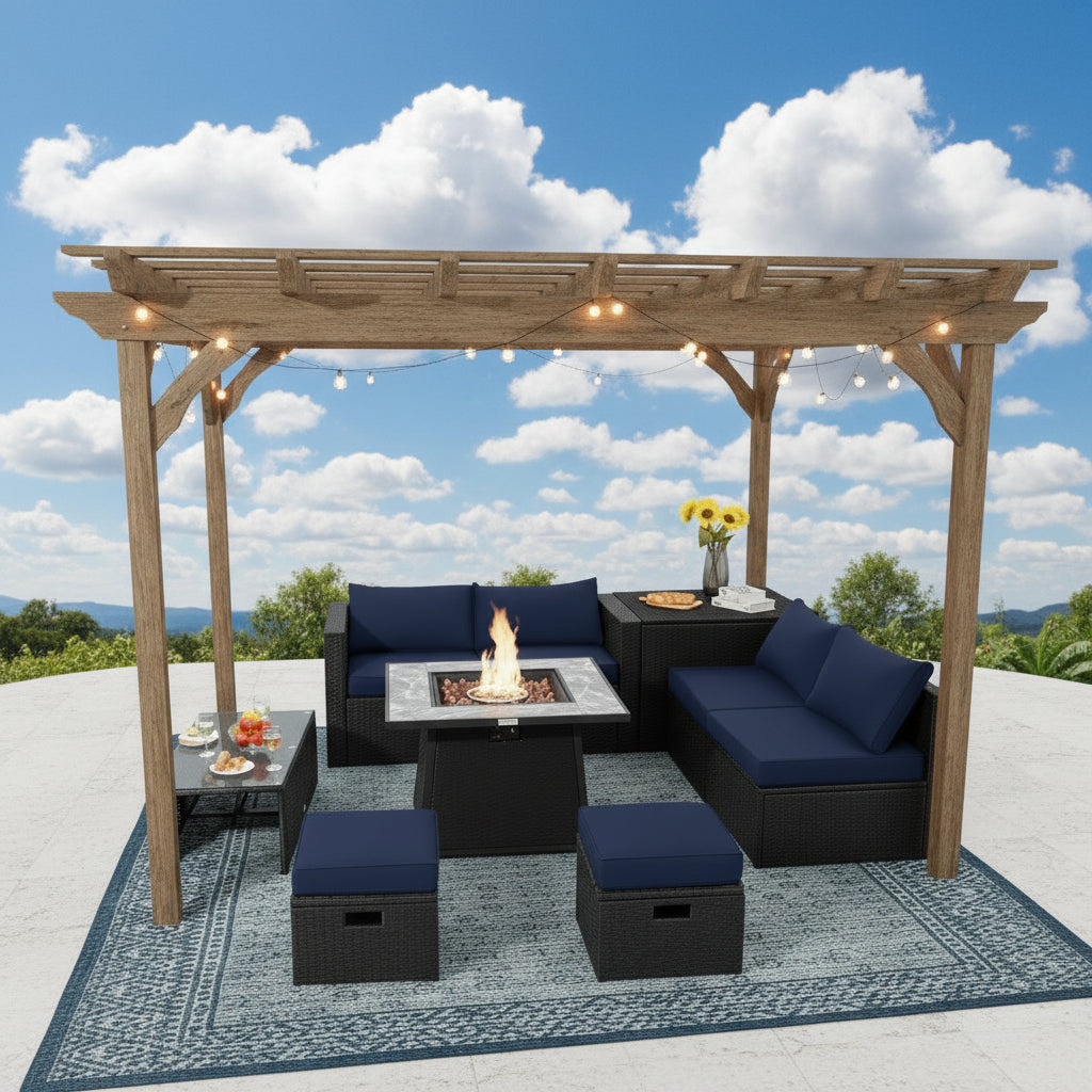 9 Pieces Outdoor Wicker Sectional with 35 Inch Gas Fire Pit Table