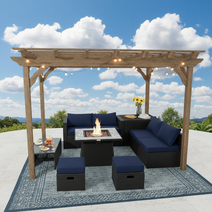 9 Pieces Outdoor Wicker Sectional with 35 Inch Gas Fire Pit Table