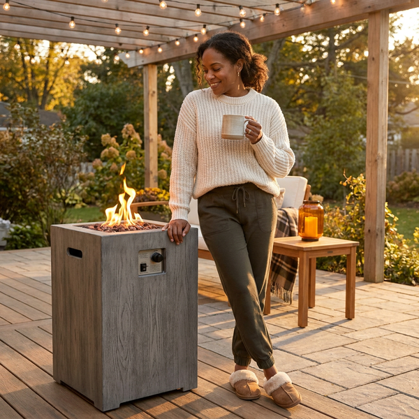 Outdoor Propane Fire Pit Designed for Patio Warmth, 30000 BTU, Wood-Look Surface, Electronic Ignition